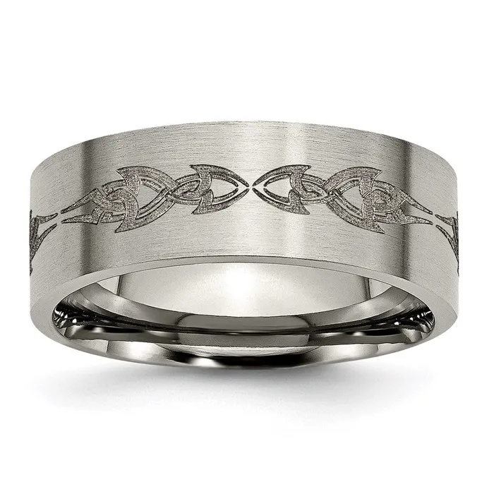 Chisel Rings Titanium Flat 8mm Laser Design Brushed Band TB33C Chisel Rings Titanium Flat 8mm Laser Design Brushed Band TB33C