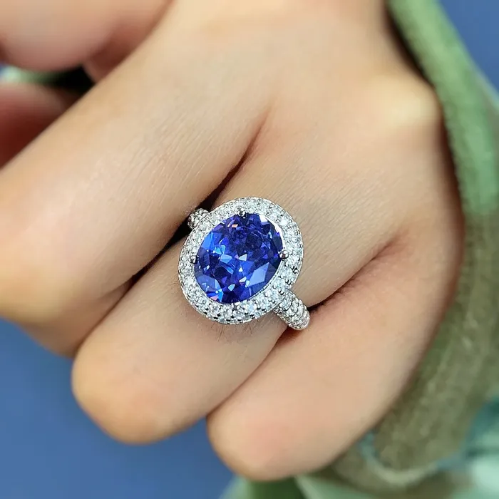 Rings BERRICLE Halo Blue Oval CZ Ring in Sterling Silver
