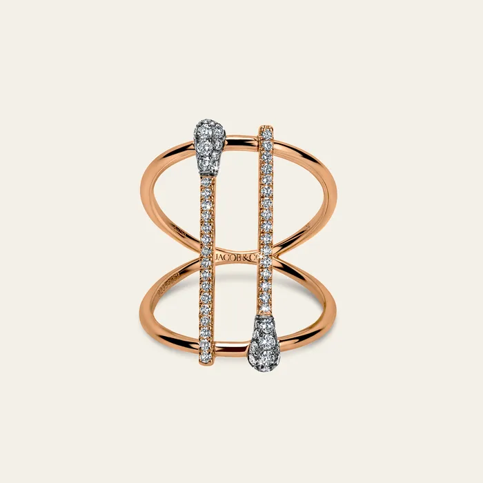 Hand crafted in 18k rose gold and set with two full white diamond pave heads and match sticks Match Diamond Ring Rings Hand crafted in 18k rose gold and set with two full white diamond pave heads and match sticks Match Diamond Ring Rings