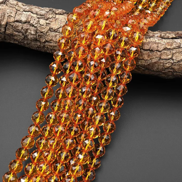 Intrinsic Trading Rings Faceted Golden Citrine 8mm 10mm Round Beads Double Hearted Geometric Cut Sparkling Gemstone 155 Strand