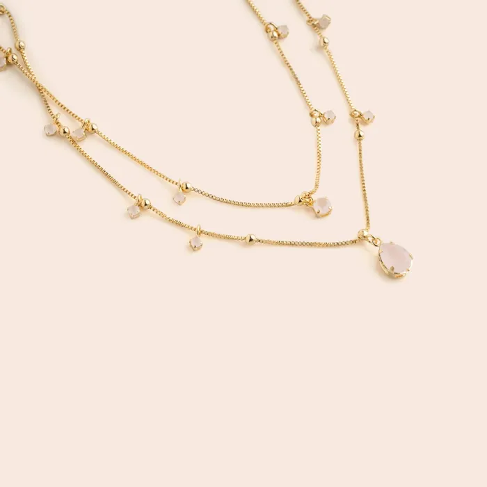 Necklaces Double Layered Pink CZ Dangle Necklace Gemlet Necklaces Double Layered Pink CZ Dangle Necklace Gemlet